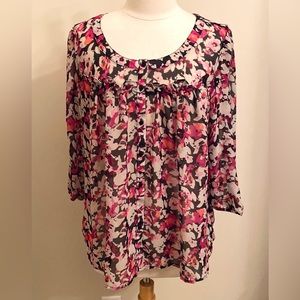 Elle Black Pink Floral L Romantic Boho Chic Cottagecore Ruffled Semi Sheer Top
